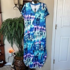 Brand New Arolina Tie Dye V-Neck Short Sleeve Maxi Dress Casual Long Beach